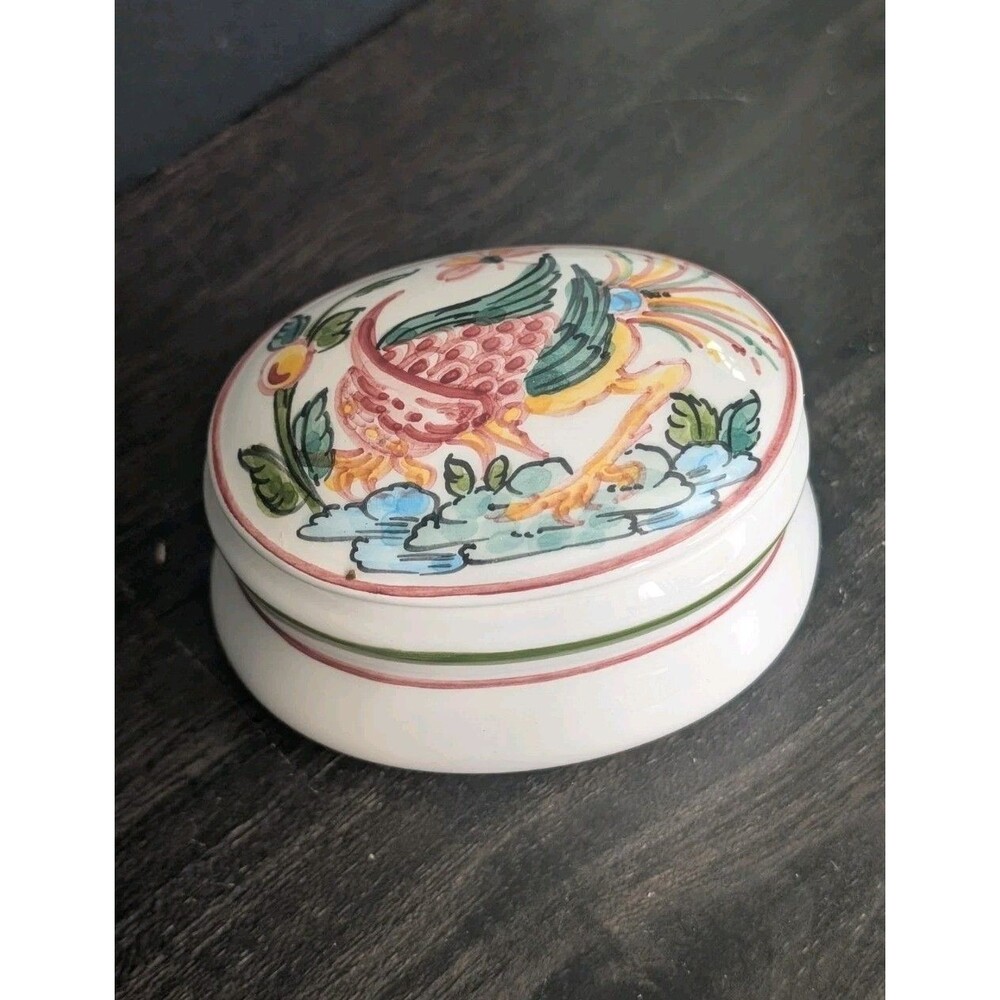 Anfora Agueda Hand Painted Oval Porcelain Floral Trinket Box With Lid Dish
